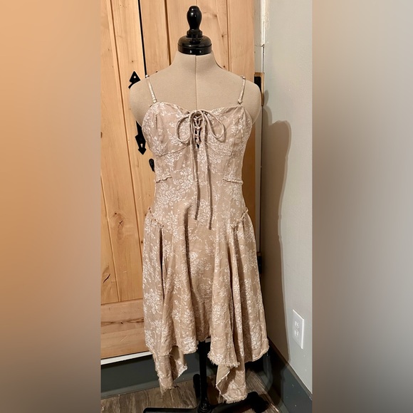 NEW NWT Anthropologie Corset Seamed Mini Cotton Linen Beige Flower Floral Dress - Picture 4 of 12
